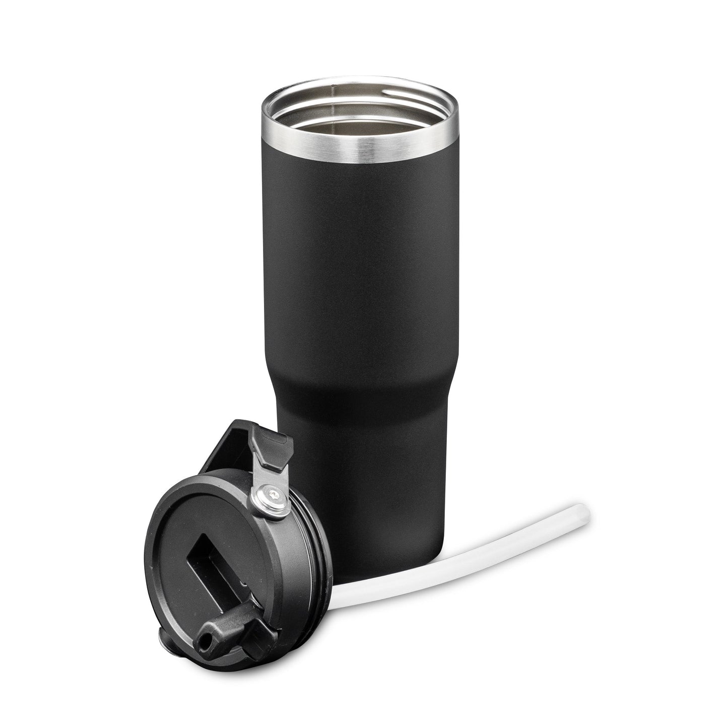 Matte black stainless steel tumbler with wide mouth opening, shown with detached black lid and white straw.