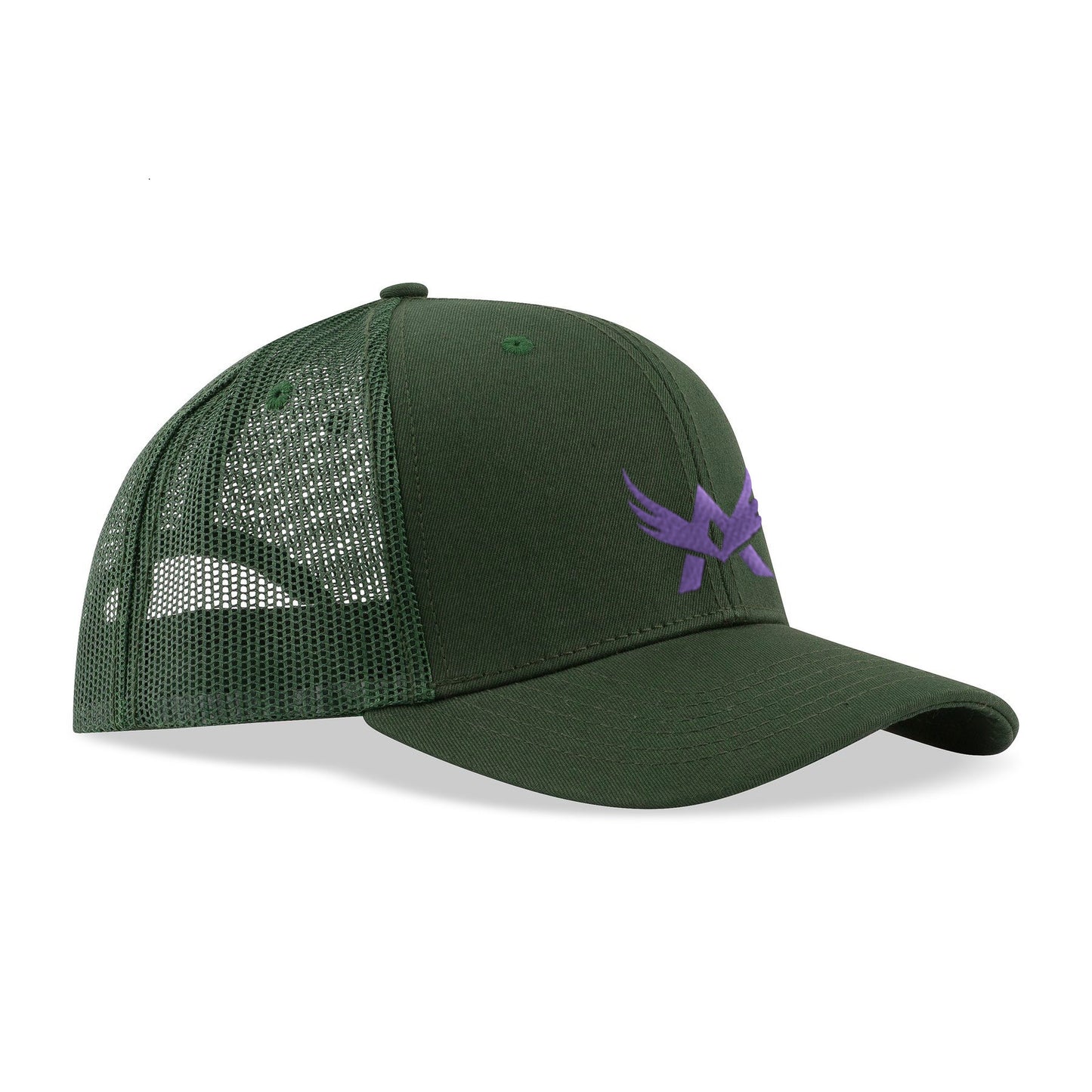 Front view of dark green mesh cap with logo on the crown