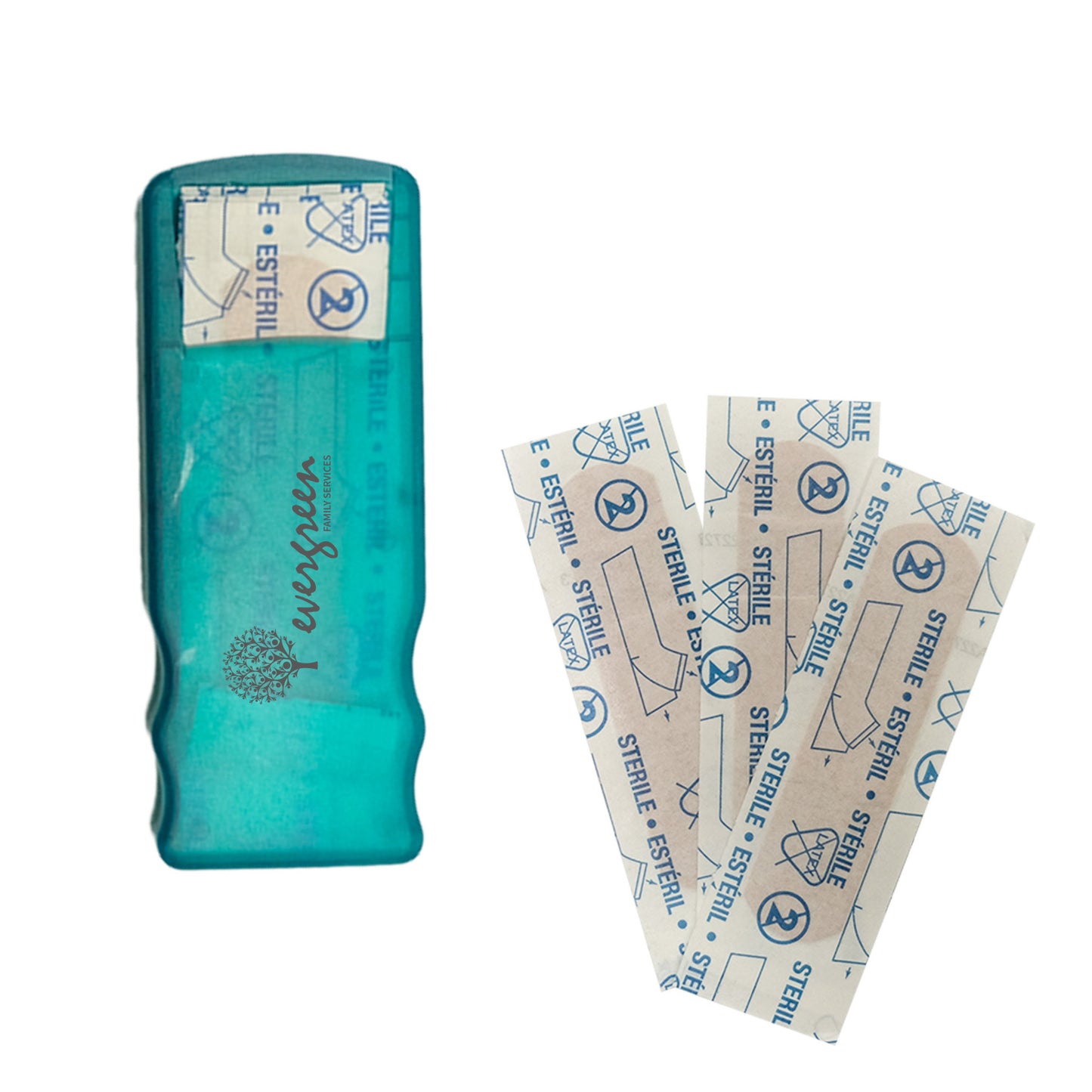 Teal bandage dispenser with evergreen logo, shown with three sterile bandages.