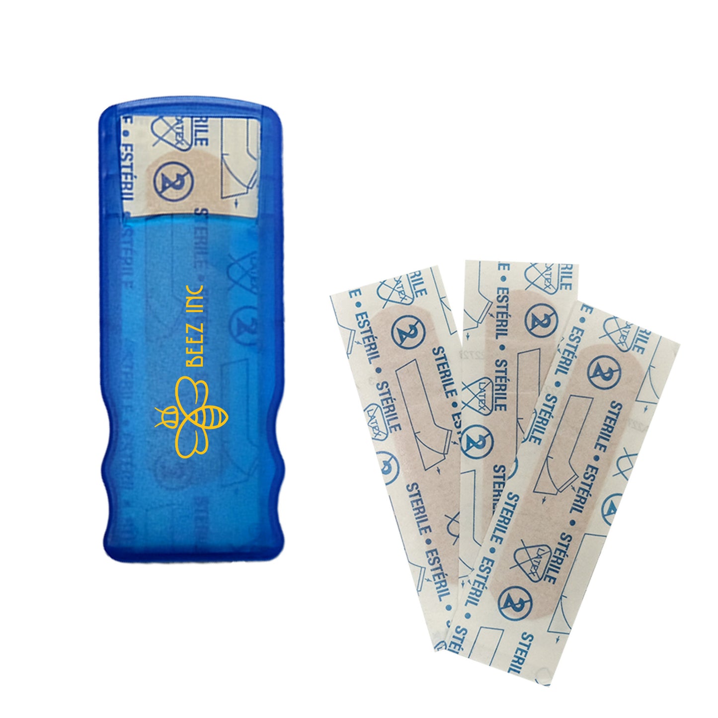 Blue bandage dispenser with yellow BEEZ INC logo and bee graphic, shown next to three sterile adhesive bandages.