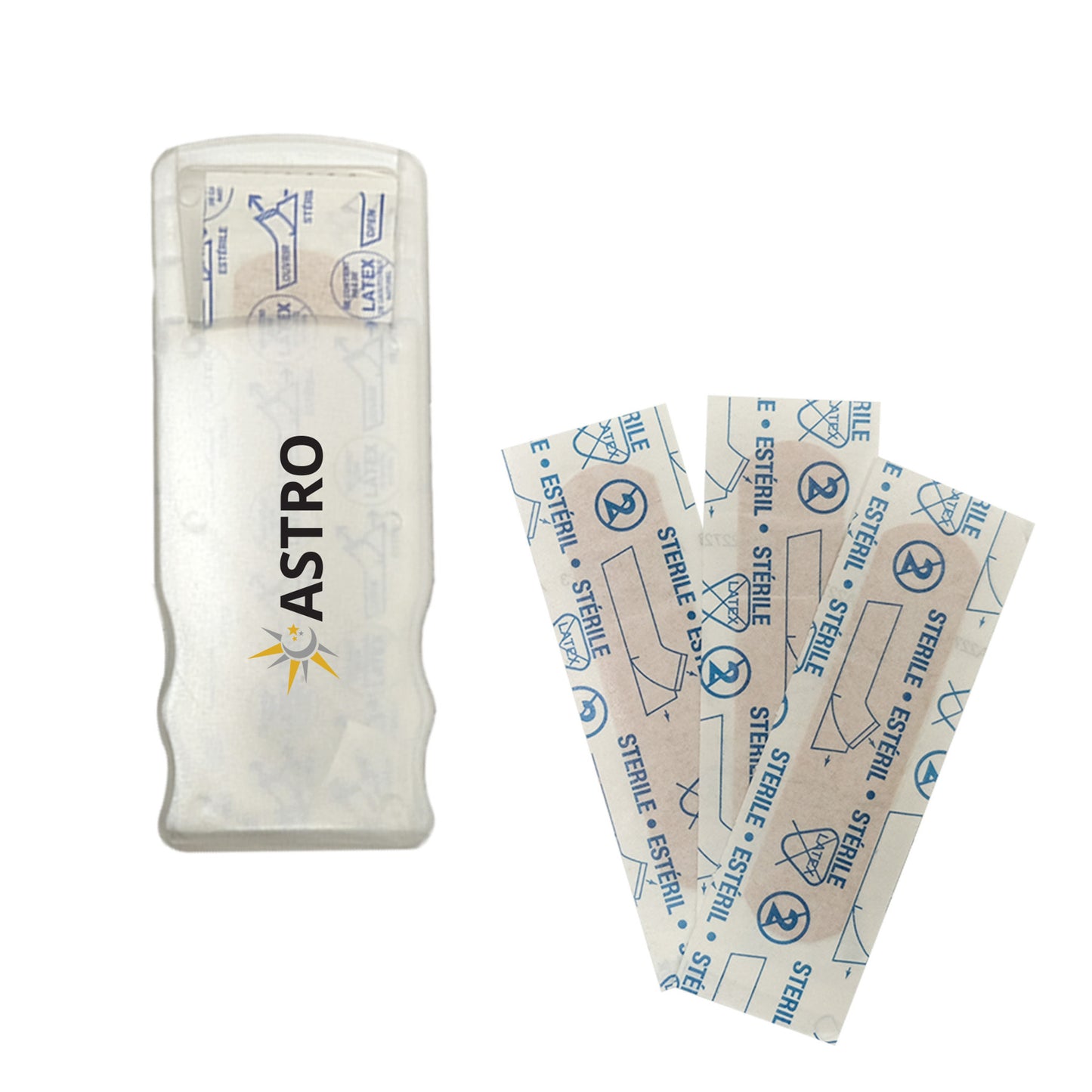 Clear bandage dispenser with ASTRO logo and three sterile bandages.