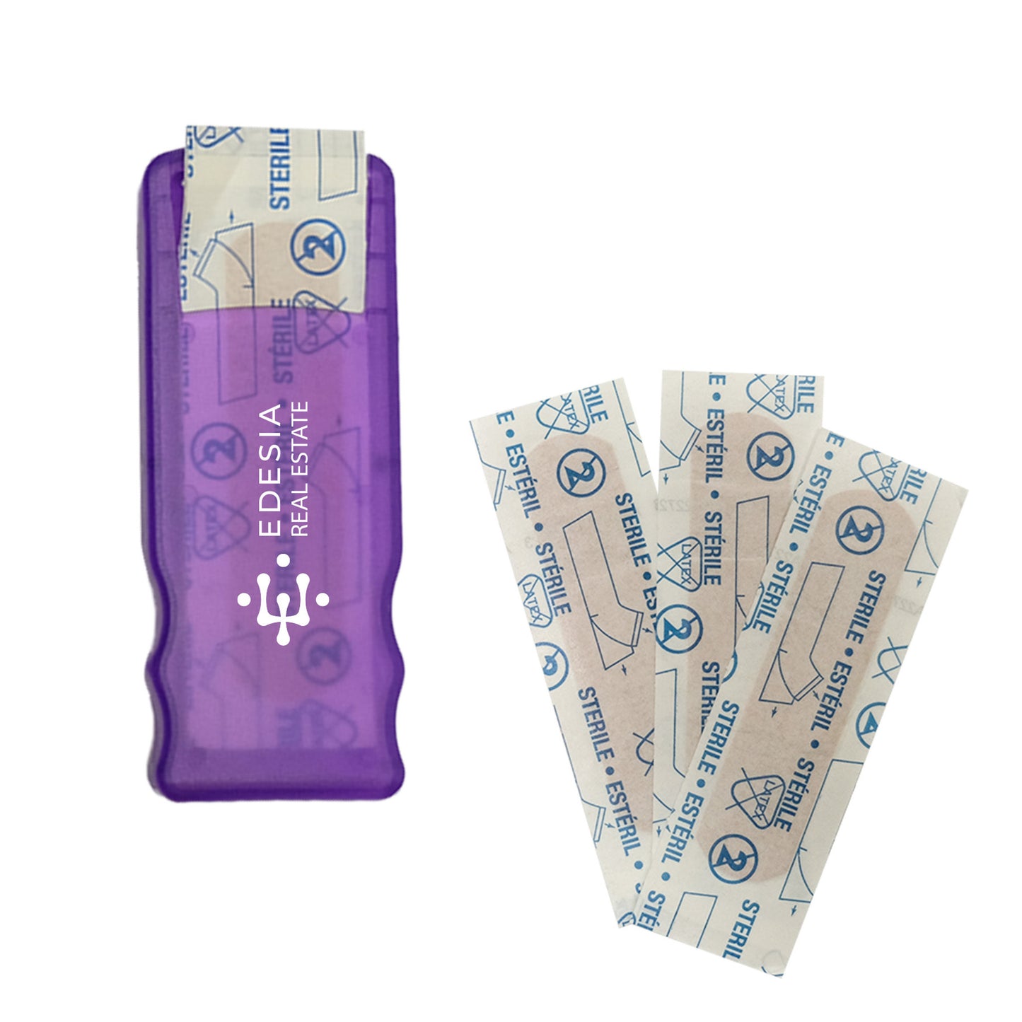 Purple bandage dispenser with white EDESIA Real Estate logo, placed beside three sterile adhesive bandages.