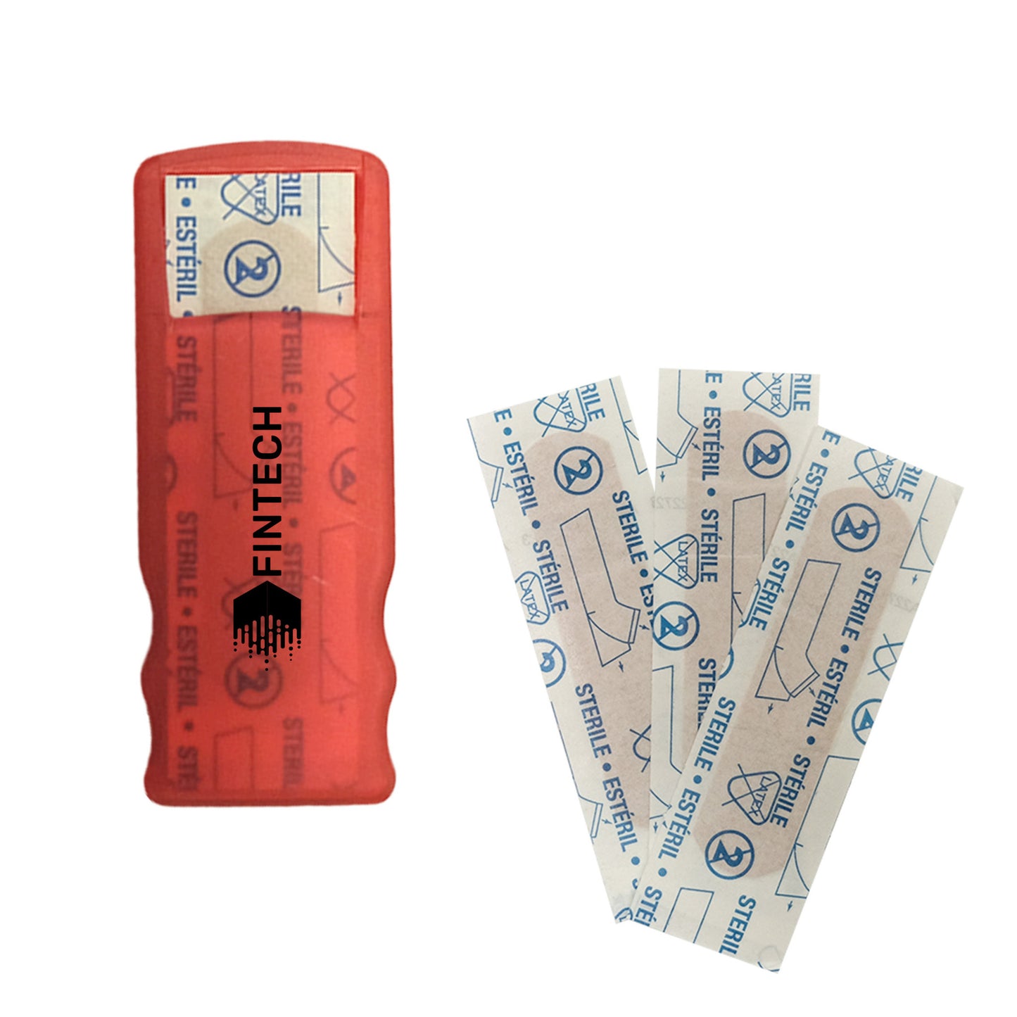Red bandage dispenser with FINTECH logo, accompanied by three sterile adhesive bandages.