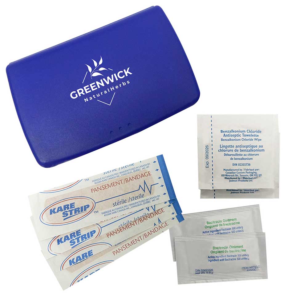 Branded blue first aid kit with bandages, wipes, and ointment