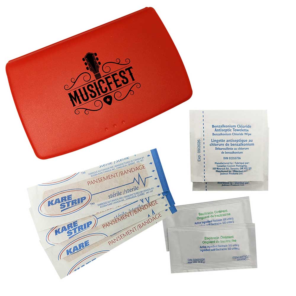 Branded red first aid kit with bandages, wipes, and ointment