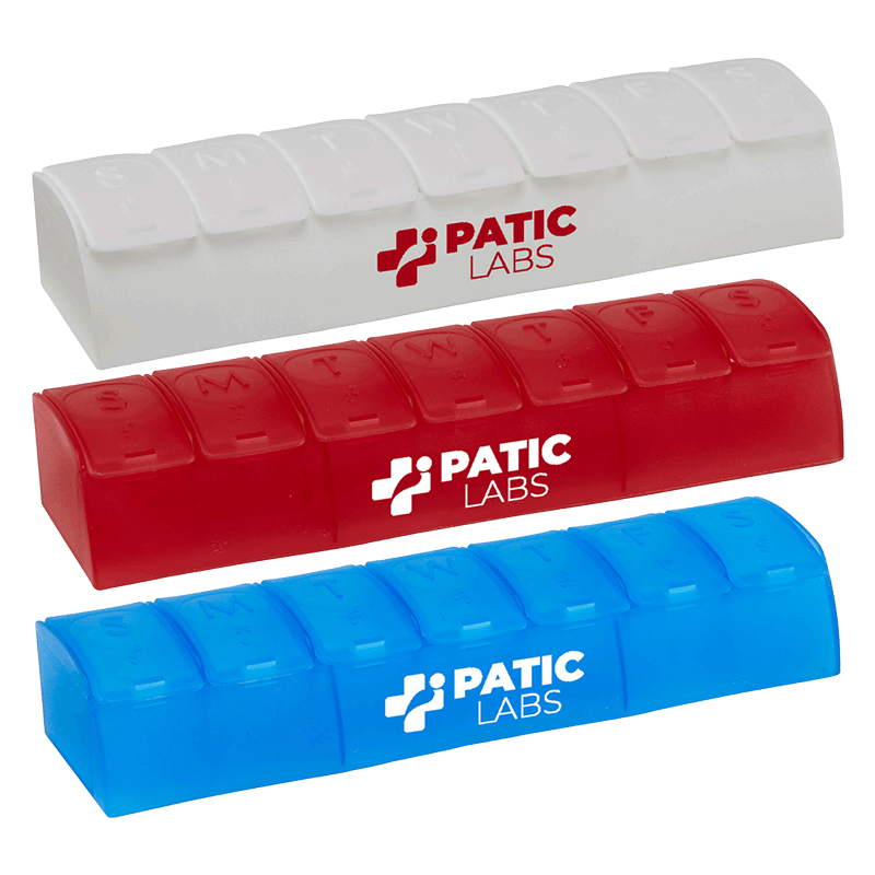 Three weekly pill organizers in white, red, and blue, each labeled with the 'PATIC LABS' logo and marked with days of the week on the lids