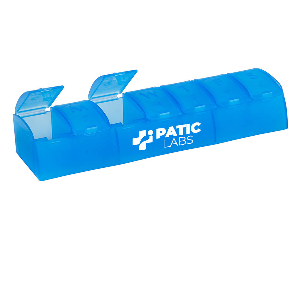 Blue pill organizer with 'PATIC LABS' logo and open lids.