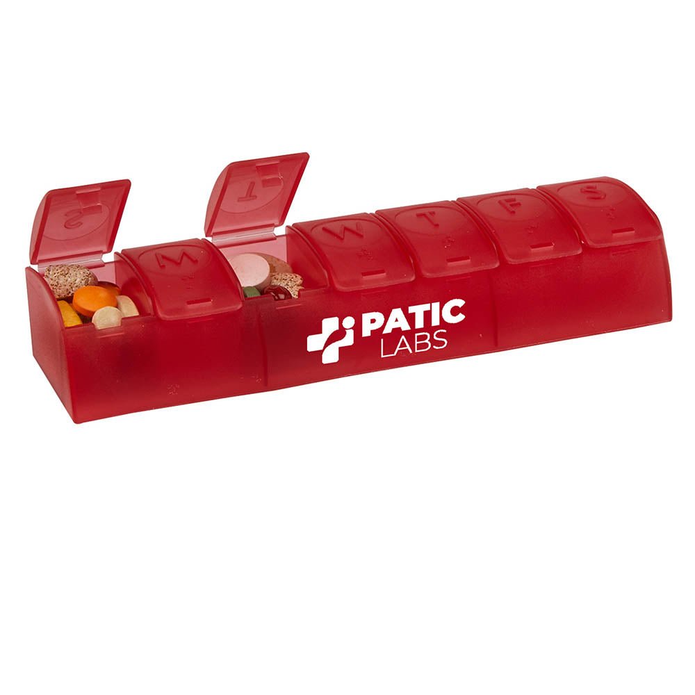 Red pill organizer with 'PATIC LABS' logo and open lids.