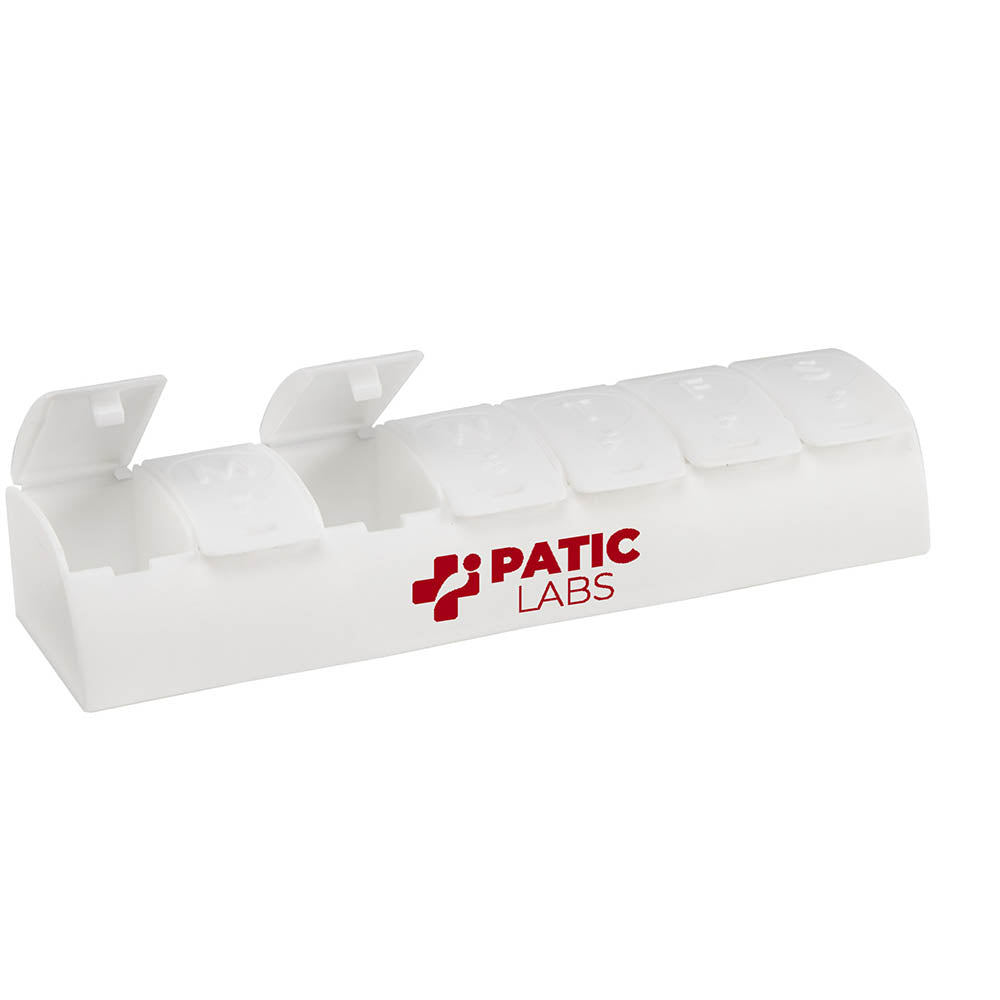 White pill organizer with 'PATIC LABS' logo and open lids.