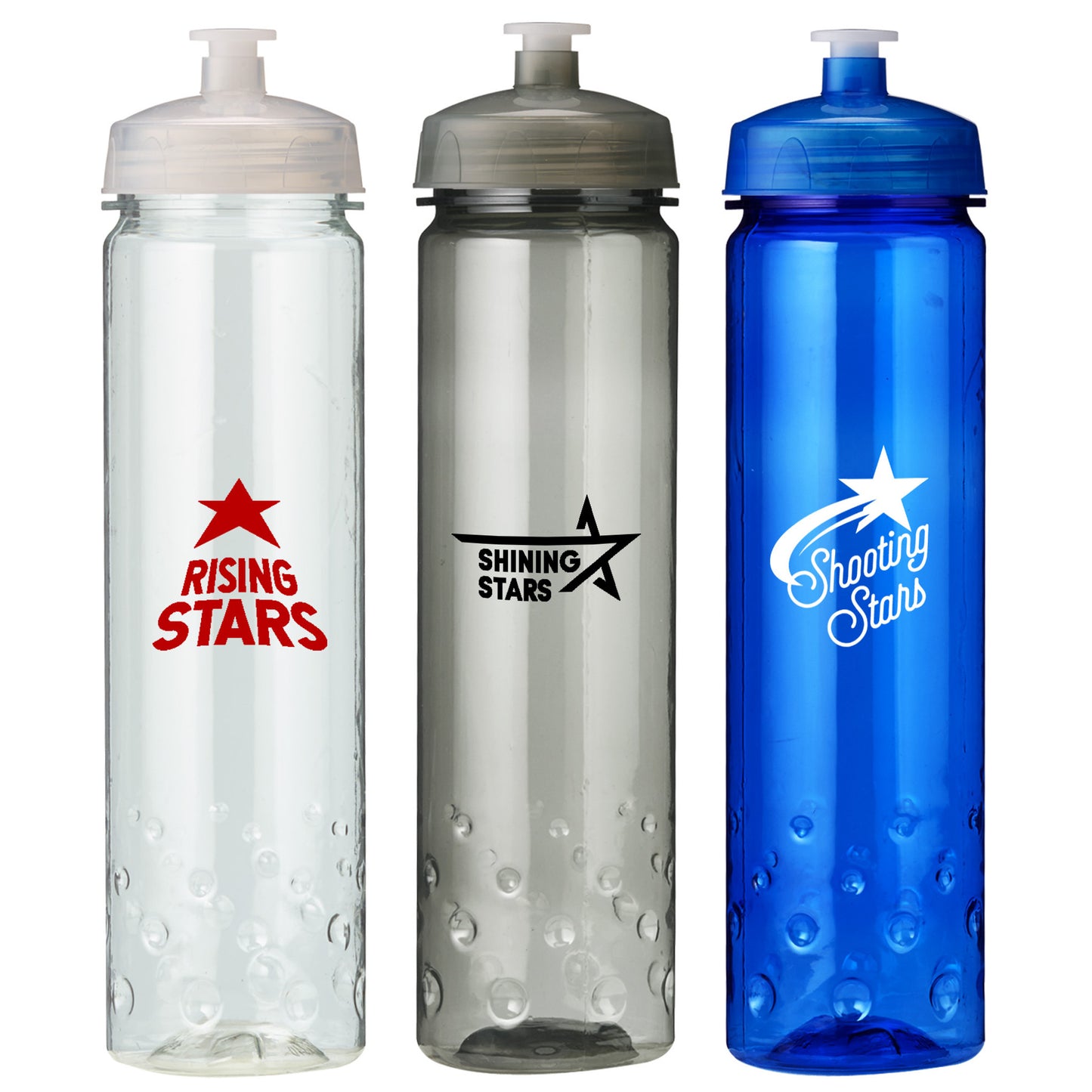 Three sports bottles with star-themed logos: clear 'Rising Stars' bottle with red print, gray 'Shining Stars' bottle with black print, and blue 'Shooting Stars' bottle with white print.