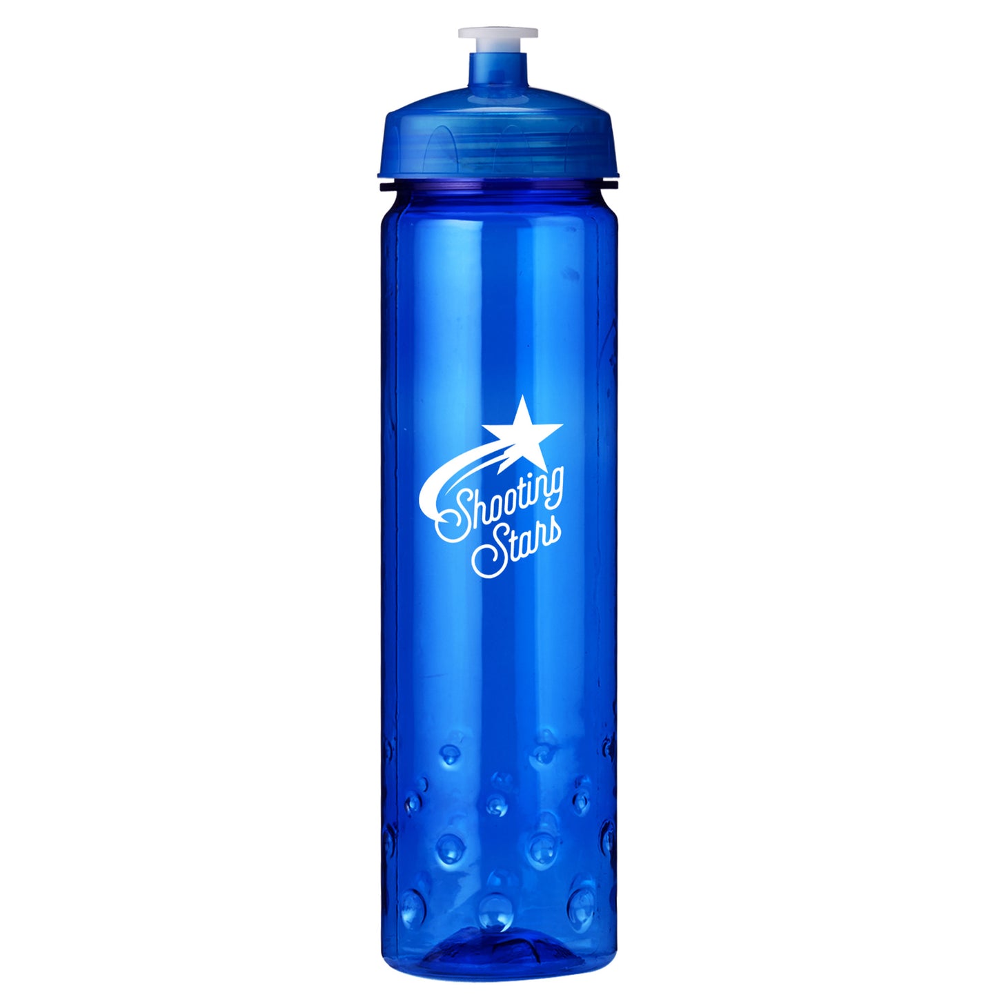 Blue sports bottle with blue lid and white 'Shooting Stars' logo.
