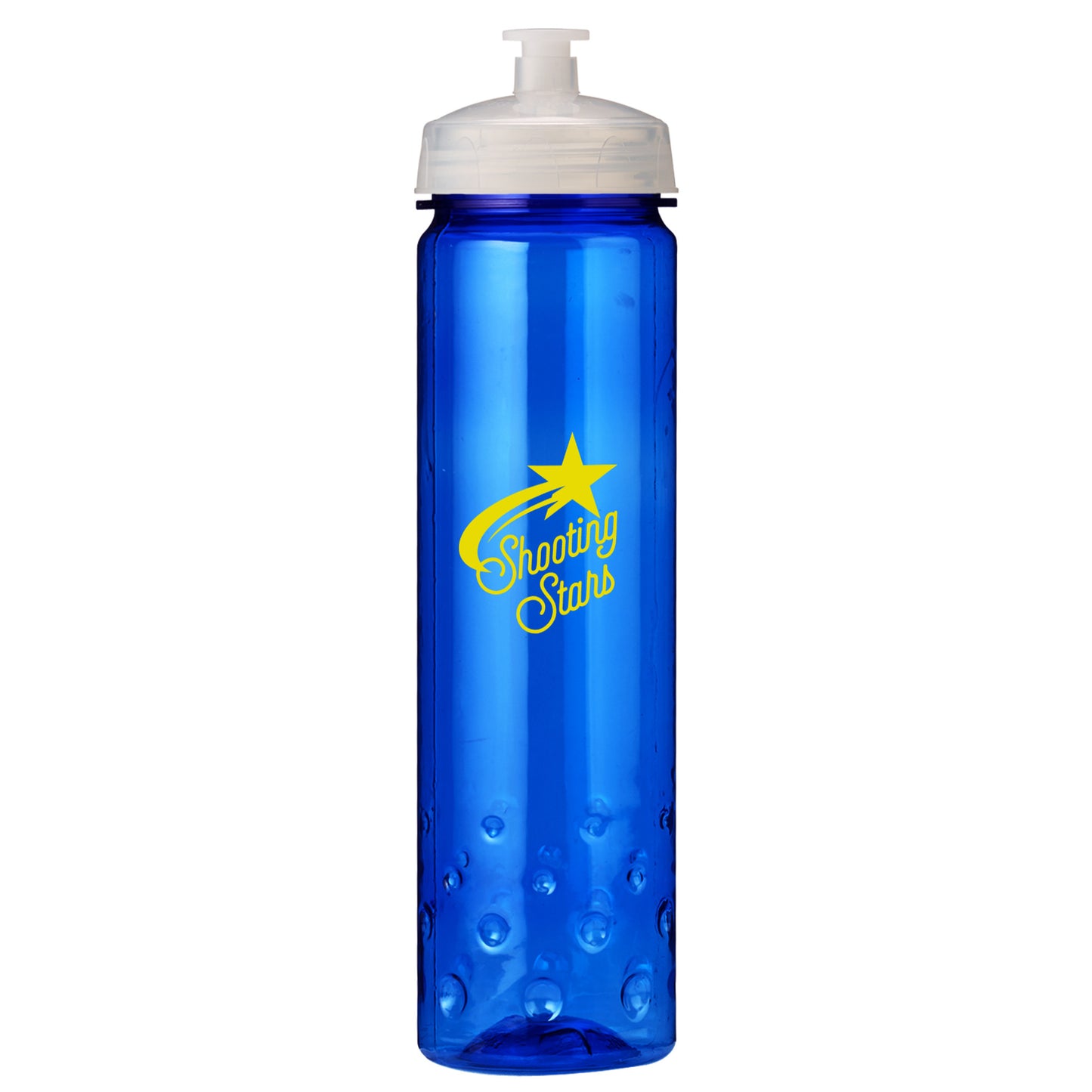 Blue sports bottle with white lid and yellow 'Shooting Stars' logo