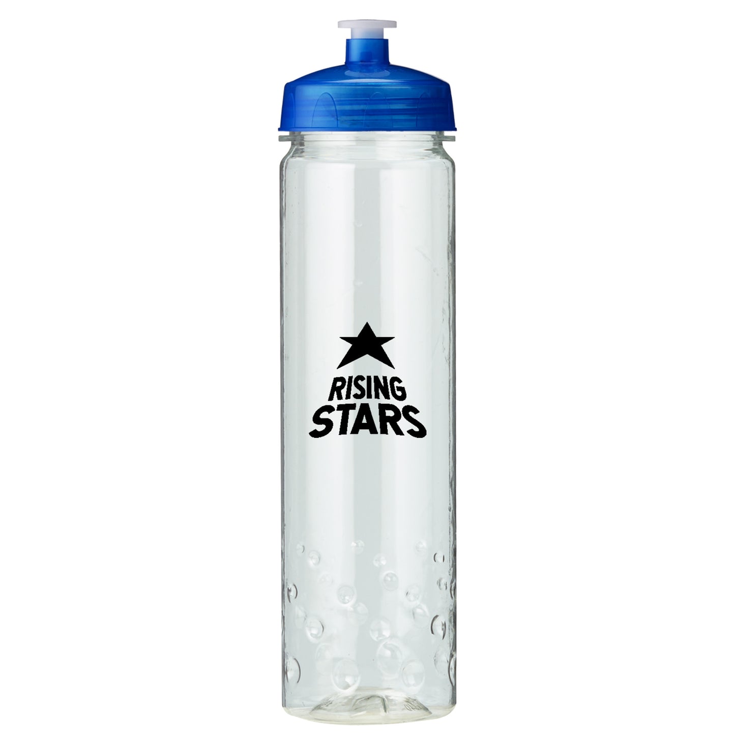 Clear sports bottle with blue lid and black 'Rising Stars' logo featuring a star icon
