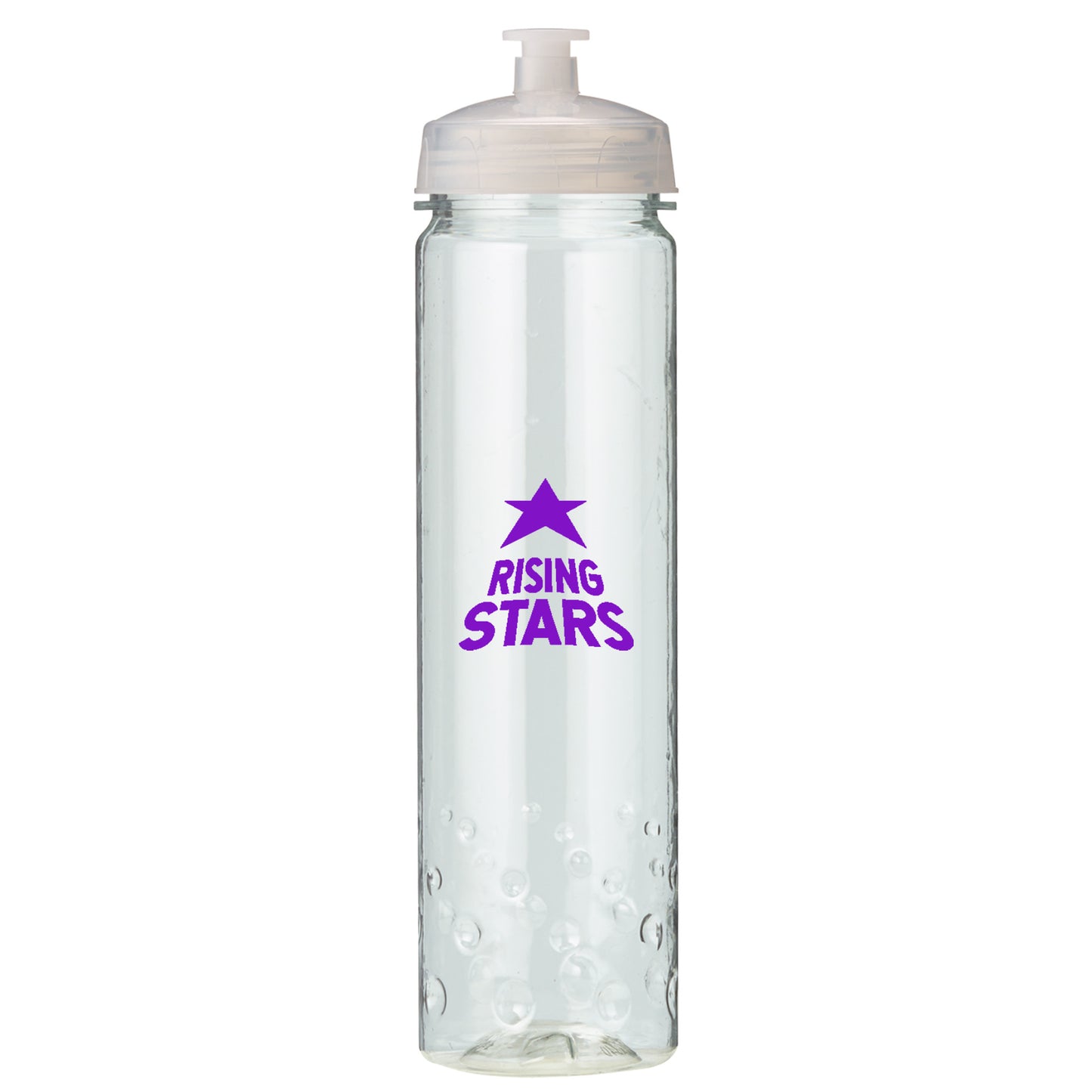 Clear sports bottle with white lid and purple 'Rising Stars' logo featuring a star icon.