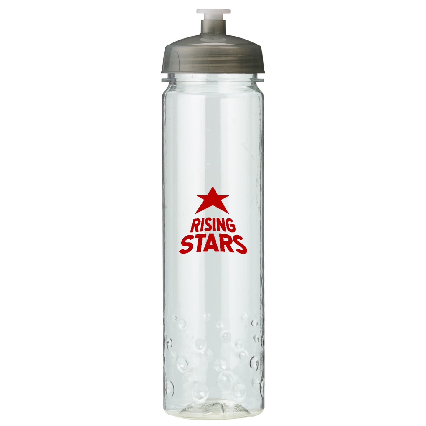 Clear sports bottle with gray lid and red 'Rising Stars' logo featuring a star icon