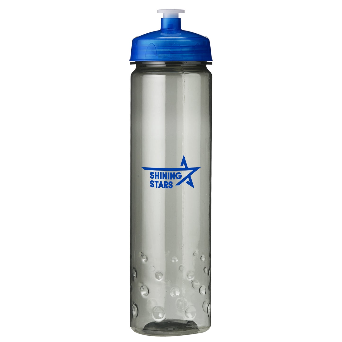 "Gray-tinted sports bottle with blue lid and blue 'Shining Stars' logo featuring a star icon