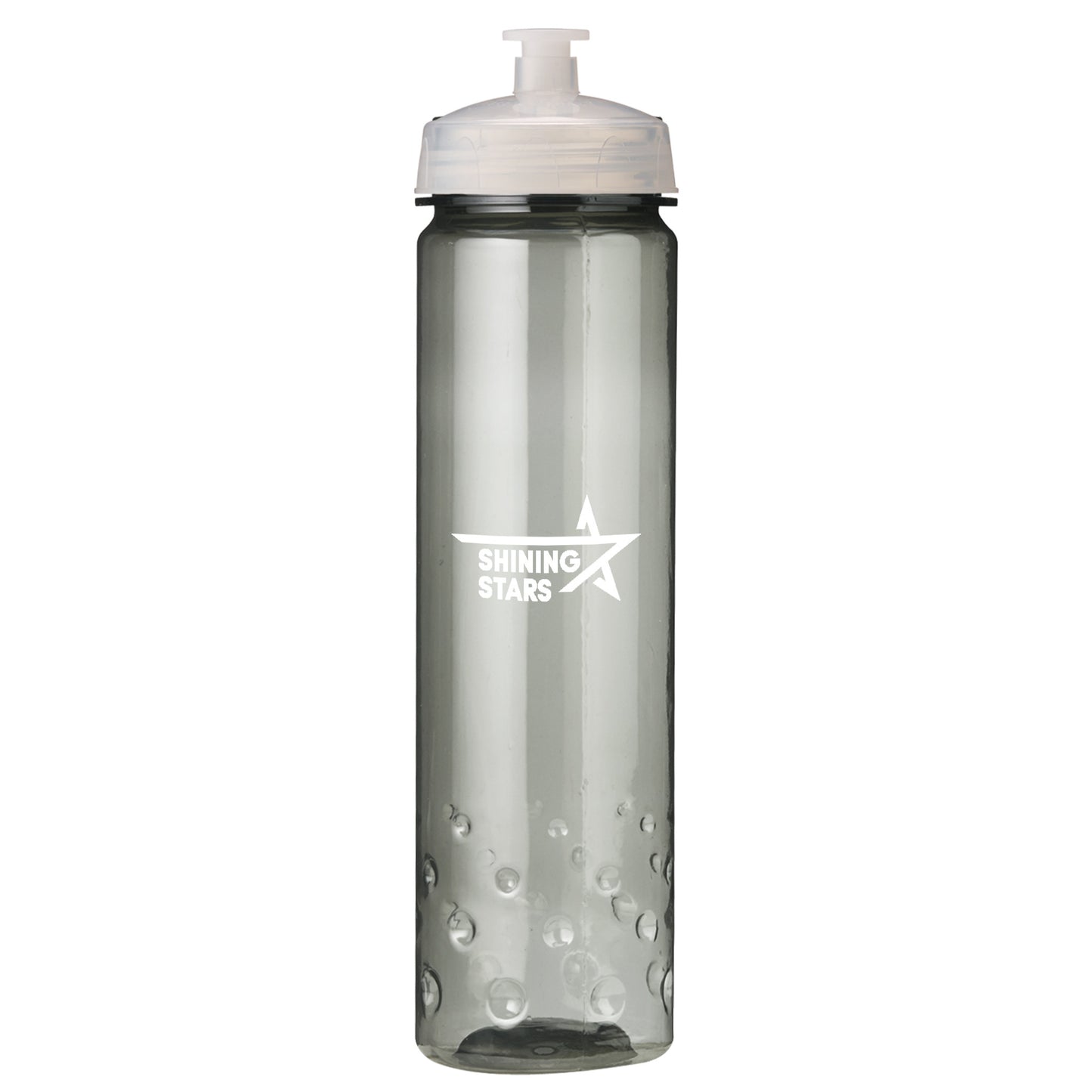 Gray-tinted sports bottle with white lid and white 'Shining Stars' logo featuring a star icon