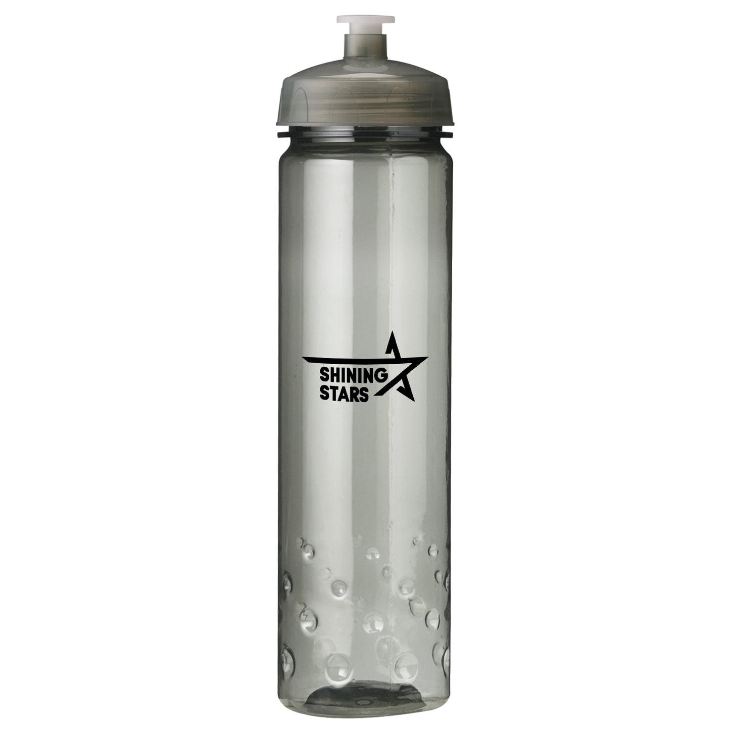 Gray-tinted sports bottle with gray lid and black 'Shining Stars' logo featuring a star icon.
