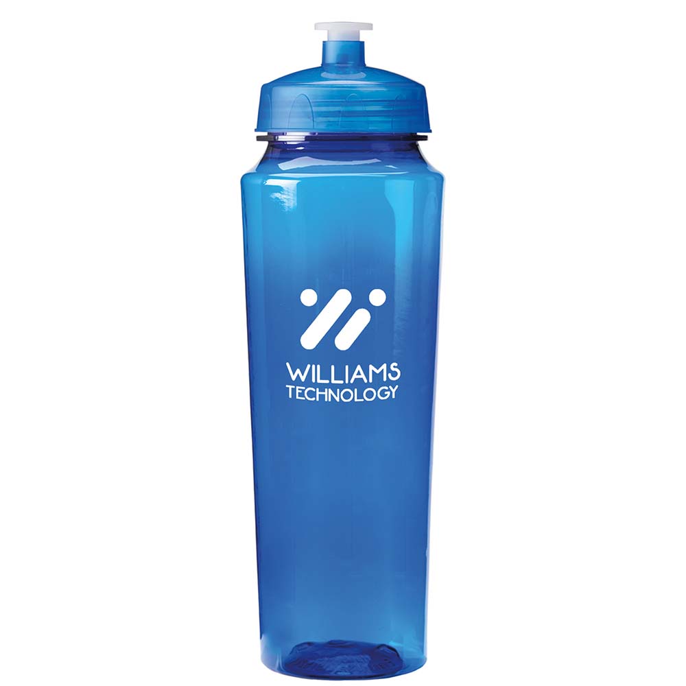 Translucent blue sports bottle with blue lid and white 'Williams Technology' logo.