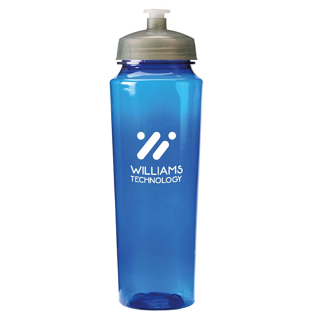 Translucent blue sports bottle with gray lid and white 'Williams Technology' logo.
