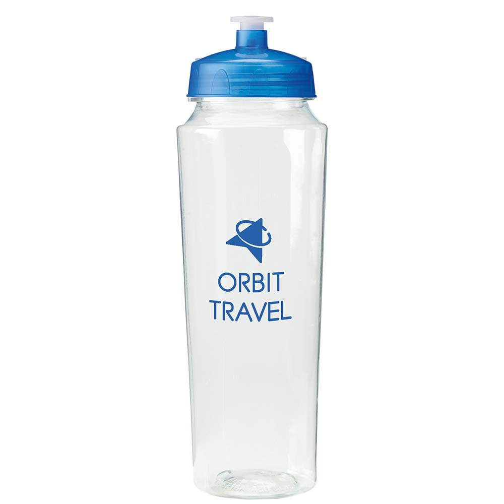 Clear sports bottle with blue lid and 'Orbit Travel' logo in blue.