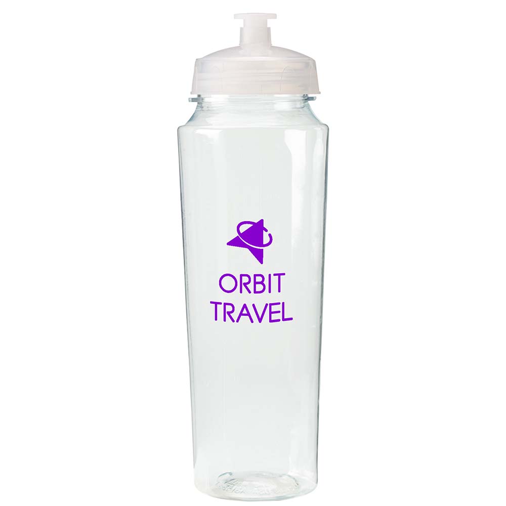 Clear sports bottle with white lid and purple 'Orbit Travel' logo.