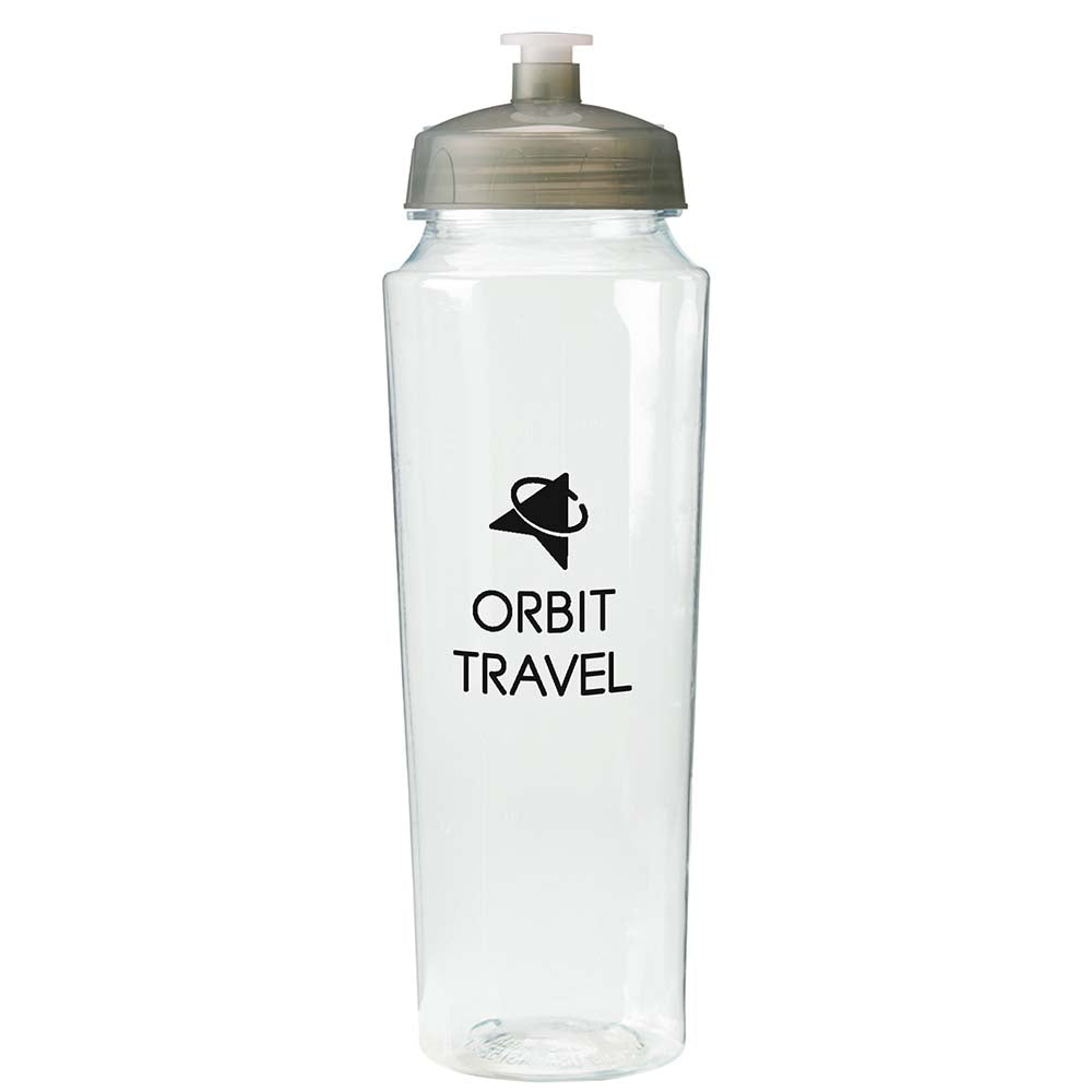 Clear sports bottle with gray lid and black 'Orbit Travel' logo.