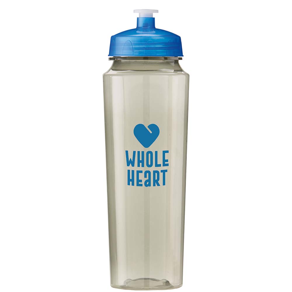 Clear tinted sports bottle with blue lid and blue 'Whole Heart' logo featuring a heart icon.