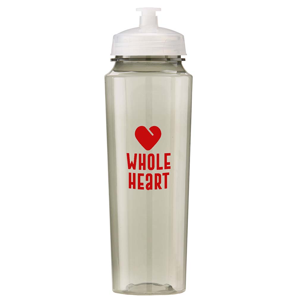 Clear tinted sports bottle with white lid and red 'Whole Heart' logo featuring a heart icon.