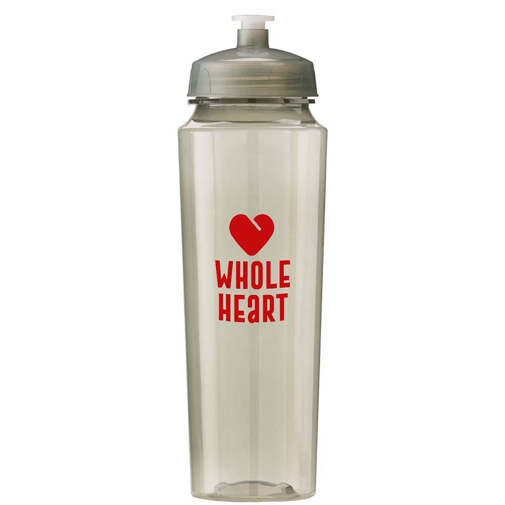 Clear tinted sports bottle with gray lid and red 'Whole Heart' logo featuring a heart icon.