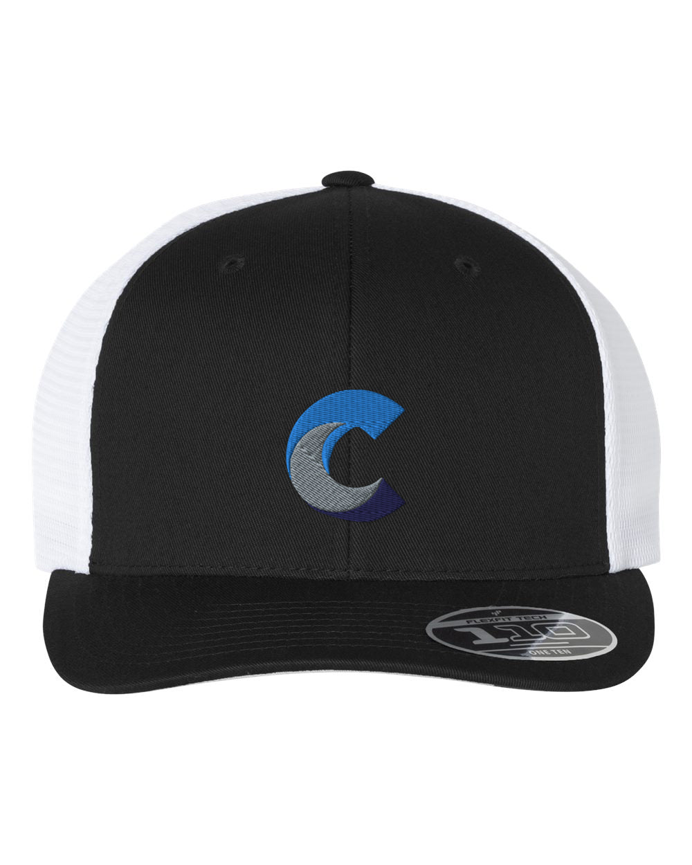 Front view of a black Flexfit 110® mesh-back cap with white mesh side and back panels, featuring an embroidered 'C' logo in blue, grey, and navy on the front panel.