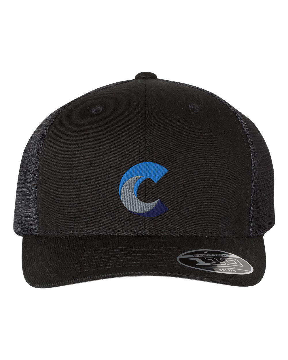 Front view of a black Flexfit 110® mesh-back cap with embroidered blue and gray 'C' logo on the crown and black mesh side panels