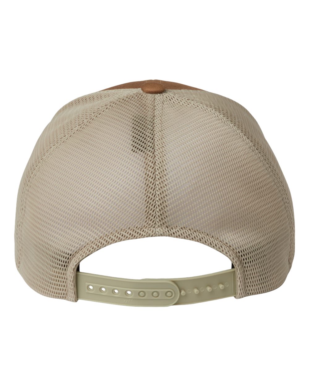 Back view of a Flexfit 110® mesh-back cap featuring beige breathable mesh panels and an adjustable plastic snapback closure in a matching beige color