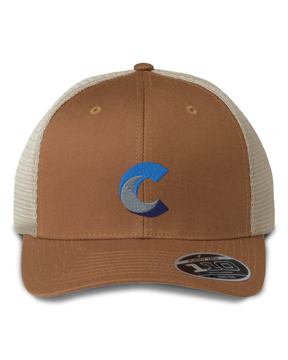 Front view of a brown Flexfit 110® mesh-back cap with beige mesh side and back panels, featuring a blue, grey, and navy embroidered 'C' logo on the front panel and a Flexfit sticker on the brim.