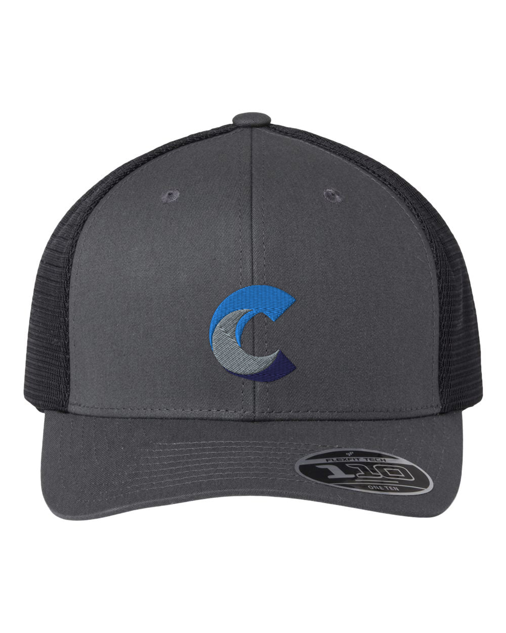 Front view of a charcoal grey Flexfit 110® mesh-back cap with black mesh panels, featuring a blue, grey, and navy embroidered 'C' logo on the front panel and a Flexfit sticker on the brim.