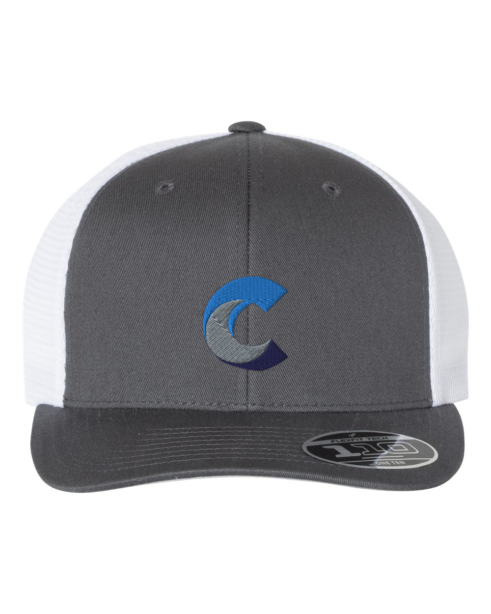 Dark grey and white Flexfit 110® mesh-back cap with an embroidered gradient 'C' logo in blue and grey on the front panel; features structured front, curved brim, and original Flexfit sticker label on the visor.