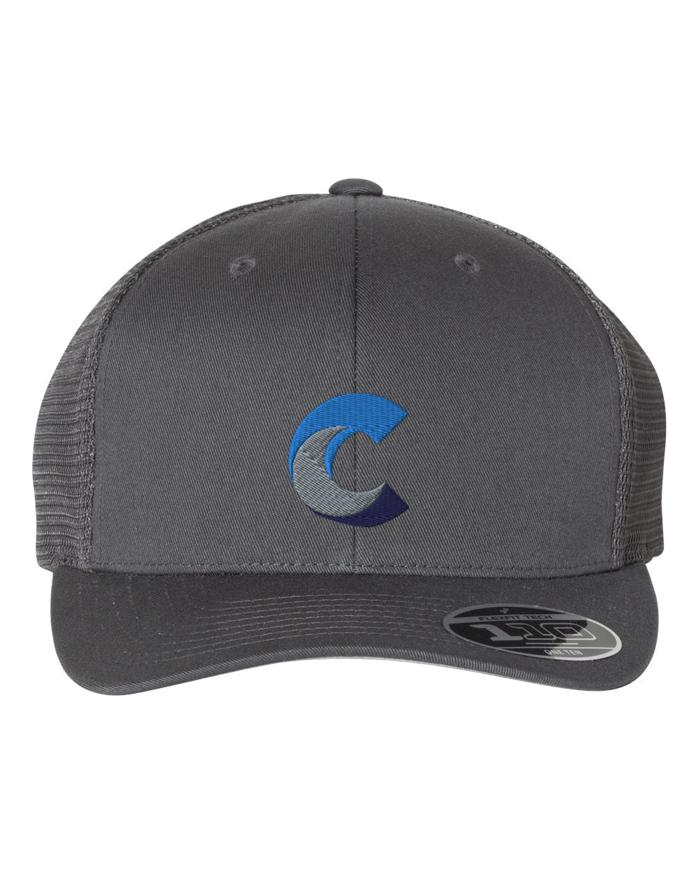 Front view of a charcoal grey Flexfit 110® mesh-back cap with a curved brim, featuring a blue, grey, and navy embroidered 'C' logo on the front panel