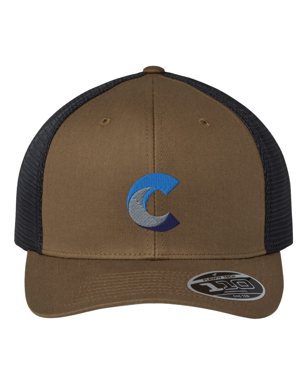 Front view of a brown Flexfit 110® mesh-back cap with black mesh panels, showcasing a blue, grey, and navy embroidered 'C' logo on the front panel, and a Flexfit sticker on the brim.