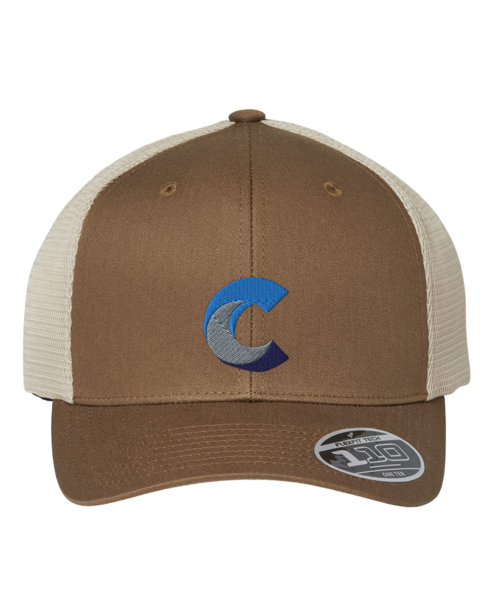 Front view of a brown Flexfit 110® mesh-back cap with beige mesh panels, featuring a blue, grey, and navy embroidered 'C' logo on the front panel, and a Flexfit sticker on the brim.