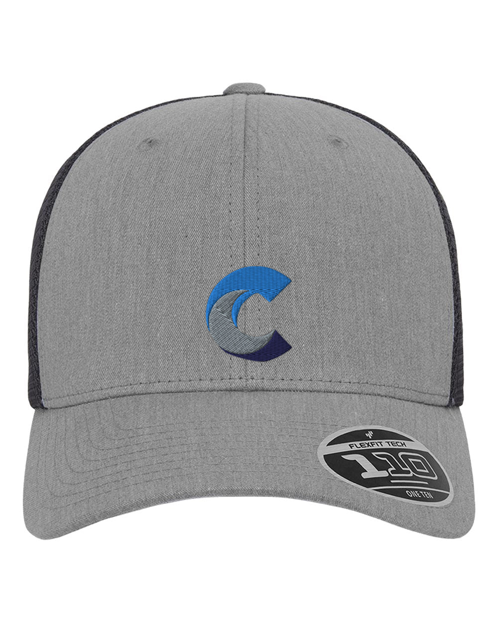 Side view of a grey Flexfit 110® mesh-back cap with navy mesh panels, displaying an embroidered blue, grey, and navy 'C' logo, and featuring a Flexfit sticker on the curved brim.