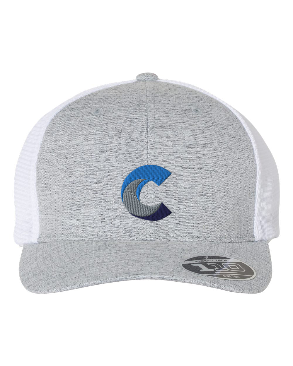 Front view of a heather light grey Flexfit 110® mesh-back cap with white mesh panels, featuring an embroidered blue, grey, and navy 'C' logo on the crown and a Flexfit sticker on the brim.