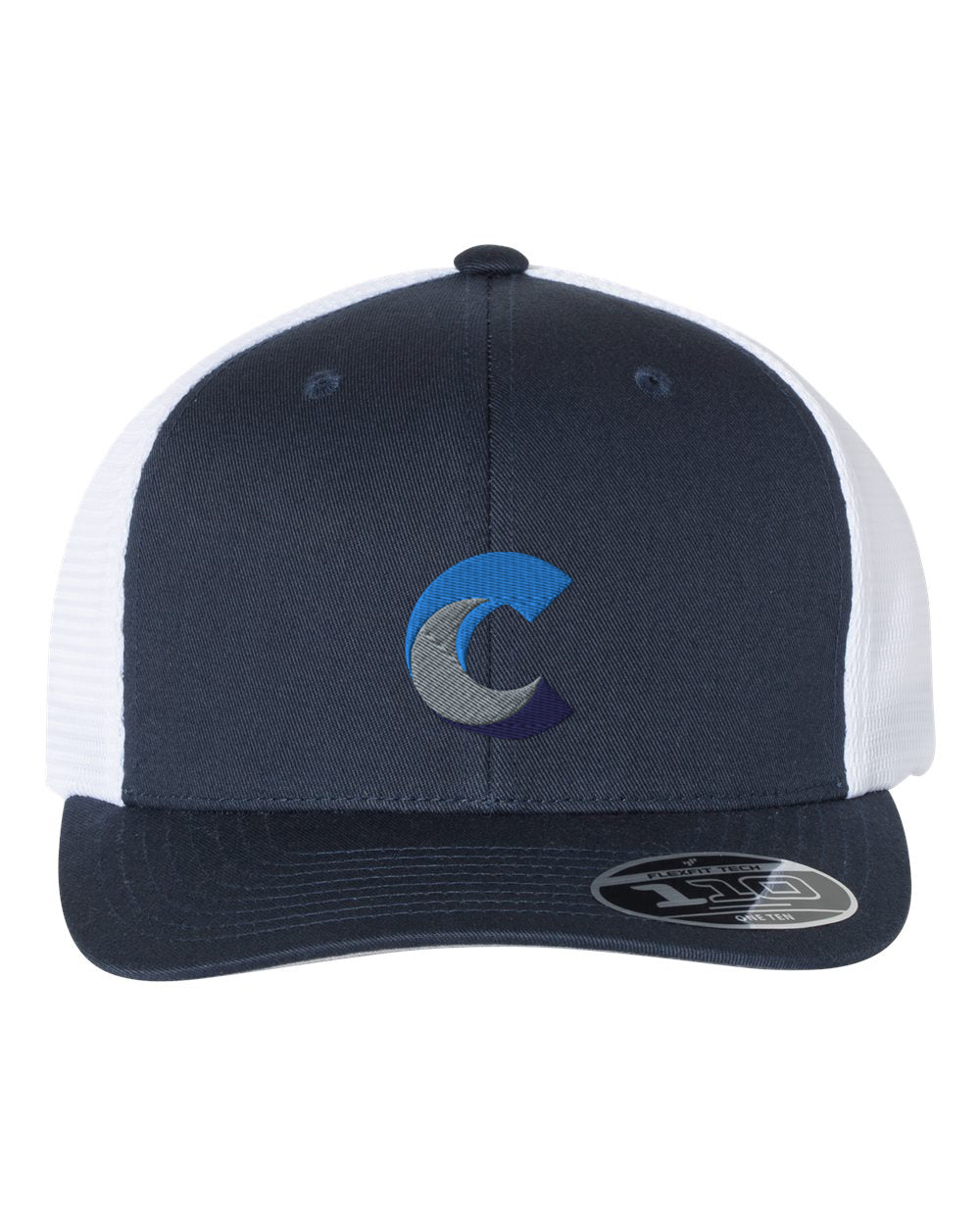 Front view of a navy blue Flexfit 110® mesh-back cap with white mesh panels, featuring an embroidered blue, grey, and navy 'C' logo on the crown and a Flexfit sticker on the brim