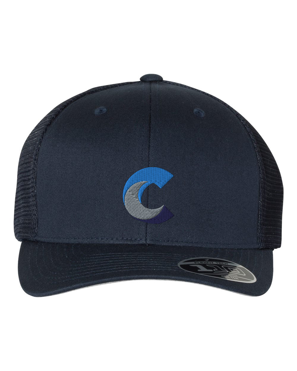 Front view of a navy Flexfit 110® mesh-back cap with embroidered blue and gray 'C' logo on the crown and matching navy mesh side panels
