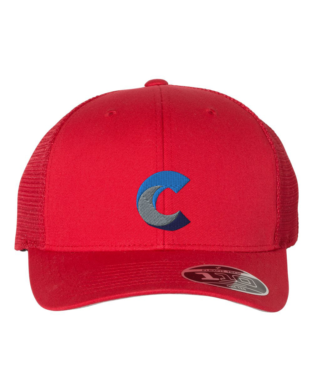 Front view of a red Flexfit 110® mesh-back cap featuring an embroidered 'C' logo in shades of blue and gray on the center front panel, with red mesh side panels and a matching curved brim