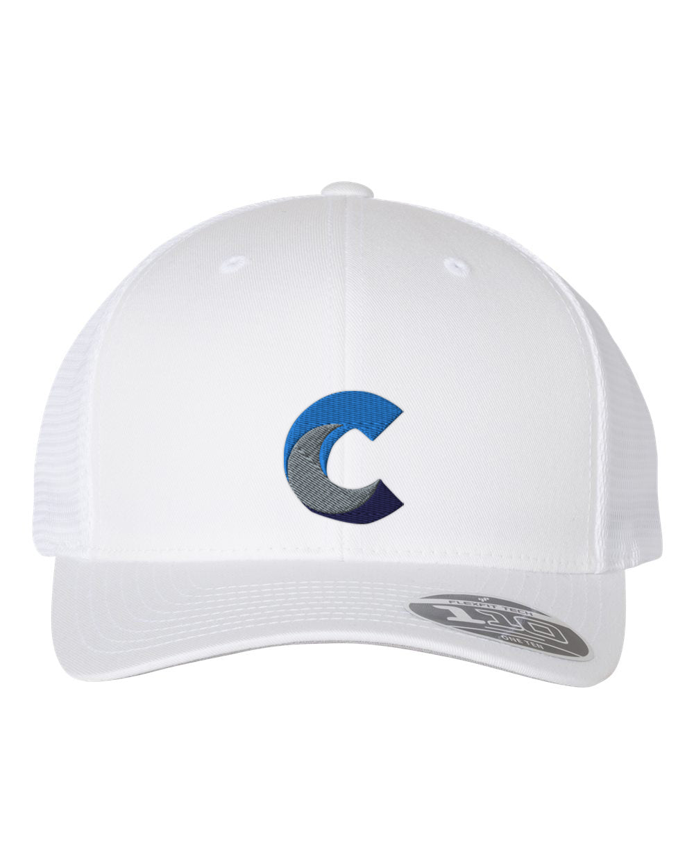 Front view of a white Flexfit 110® mesh-back cap with a curved brim, featuring an embroidered 'C' logo in blue, gray, and navy on the center front panel
