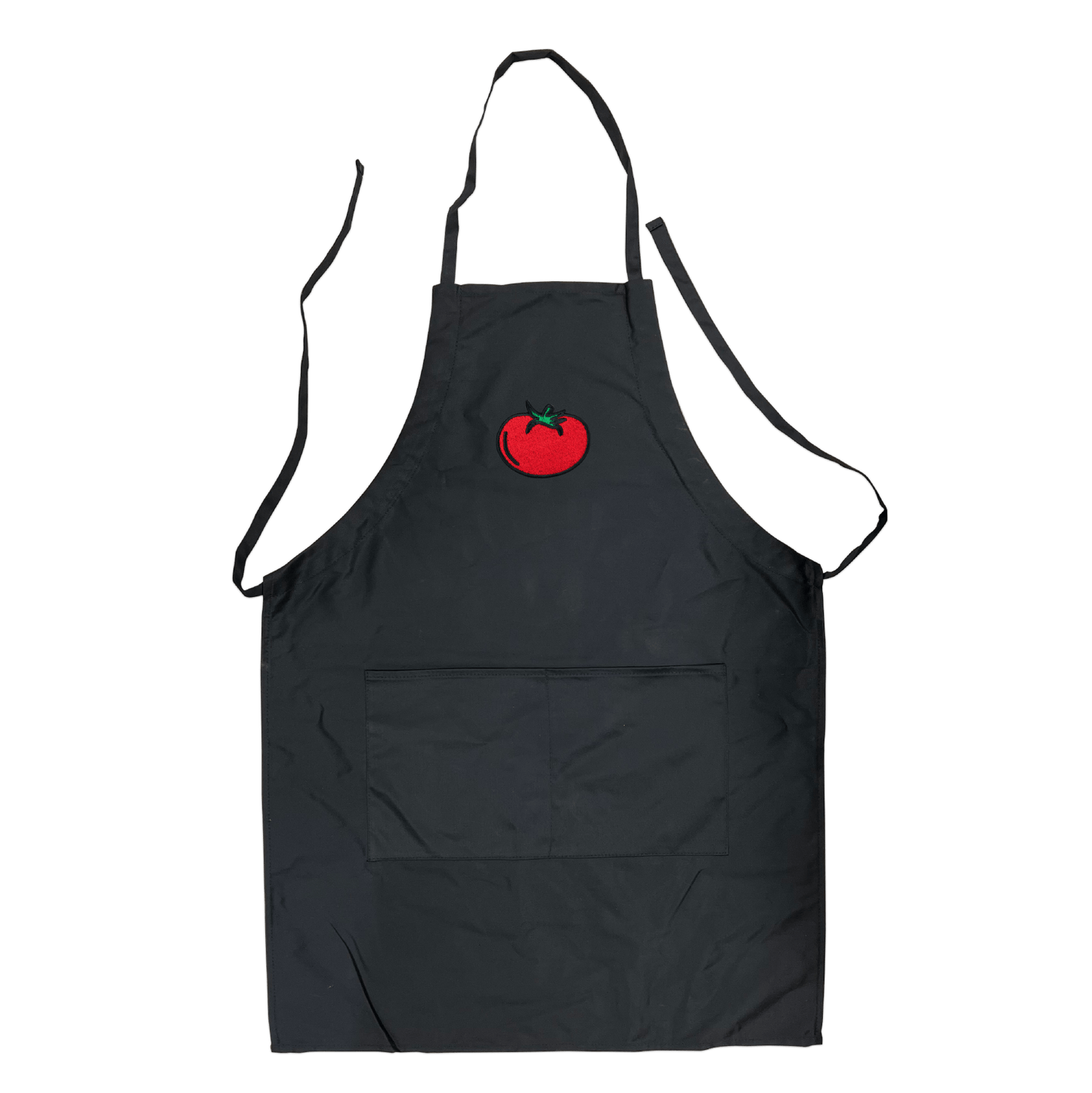 Black polyester-cotton apron with front pocket and embroidered red tomato logo centered on the chest.