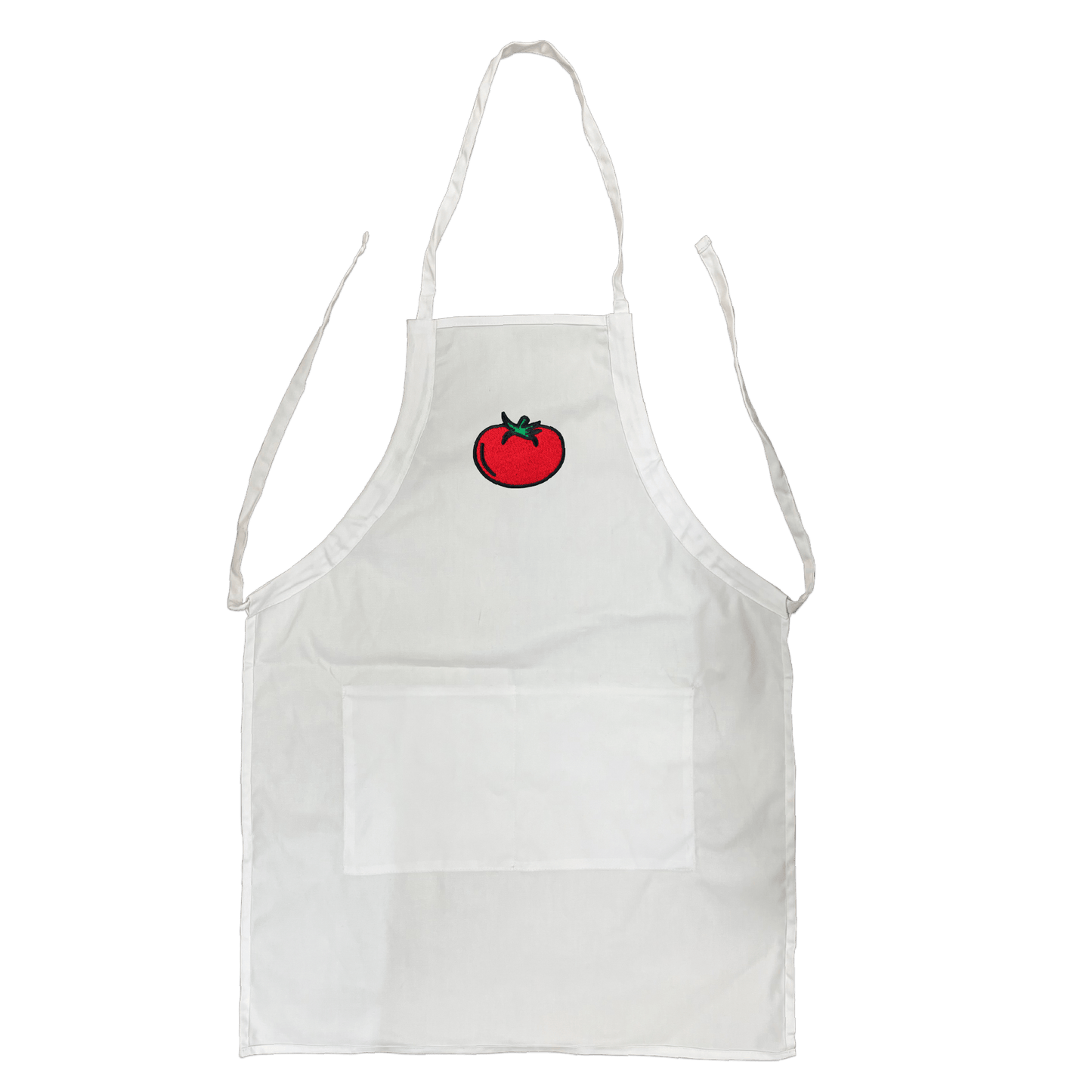 White polyester-cotton apron with front pocket and embroidered red tomato logo centered on the chest.