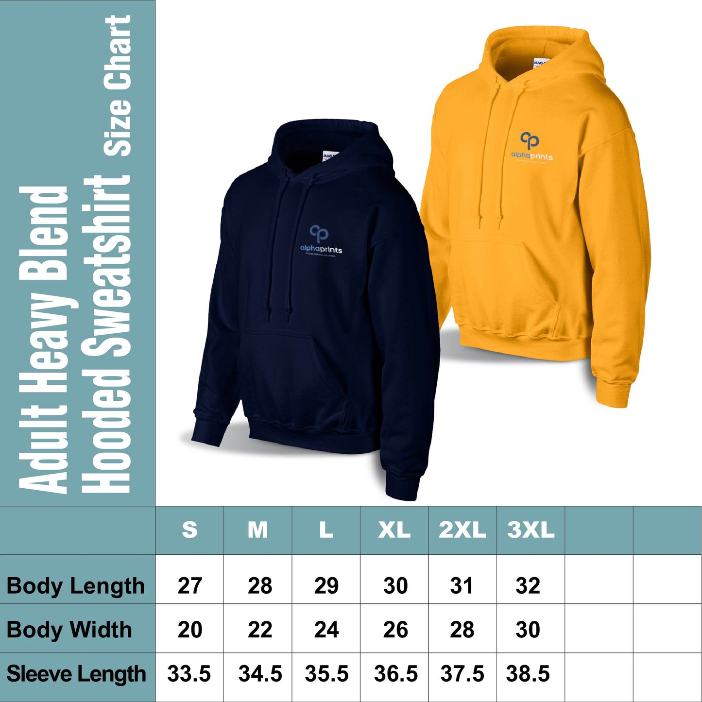 Adult Heavy Blend Hooded Sweatshirt size chart with navy and gold hoodies shown; chart includes measurements for body length, width, and sleeve length across sizes S to 3XL