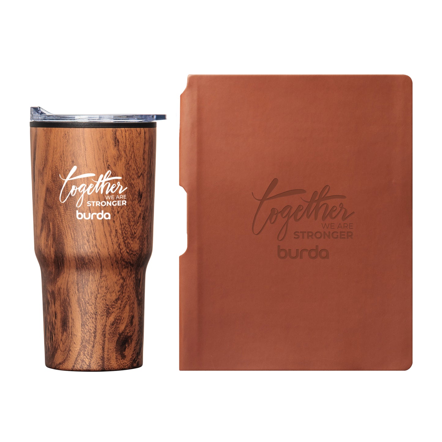 Woodgrain-patterned insulated tumbler with clear lid and leatherette journal, both customized with the "Together We Are Stronger – burda" logo in screen print and debossed finish.