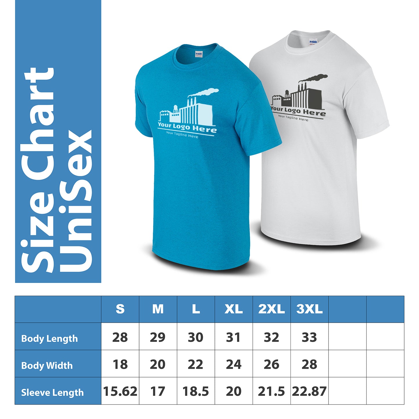 Unisex size chart graphic featuring turquoise and white factory-themed logo t-shirts, with sizing from S to 3XL listed for body length, width, and sleeve length.
